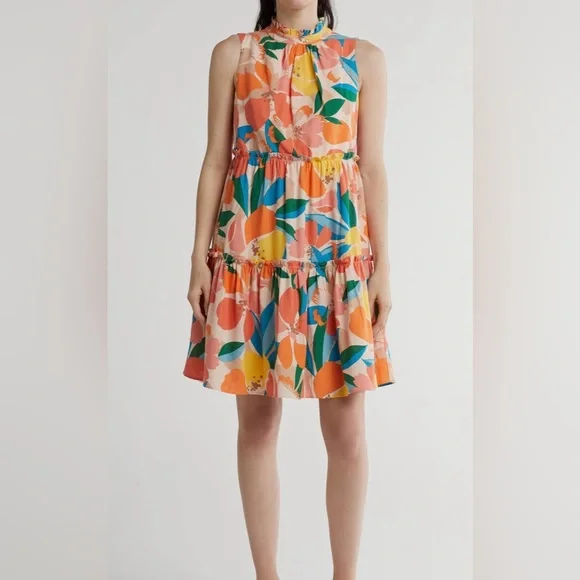 Vince Camuto Floral Sleeveless Tiered Linen Blend Dress in Coral Multi at Nordstrom Rack, Size 10